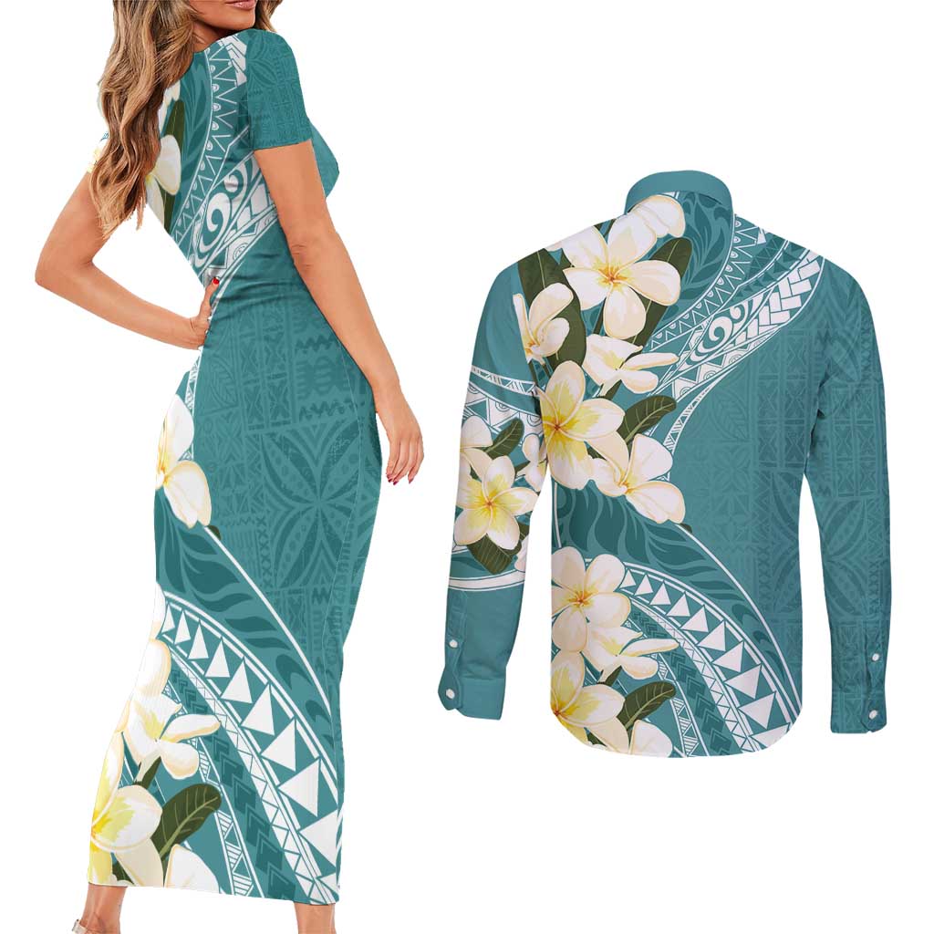 Aloha Hawaii Festive Couples Matching Short Sleeve Bodycon Dress and Long Sleeve Button Shirt Frangipani Lace Classic - Teal