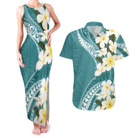 Aloha Hawaii Festive Couples Matching Tank Maxi Dress and Hawaiian Shirt Frangipani Lace Classic - Teal