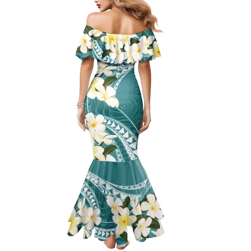 Aloha Hawaii Festive Family Matching Mermaid Dress and Hawaiian Shirt Frangipani Lace Classic - Teal