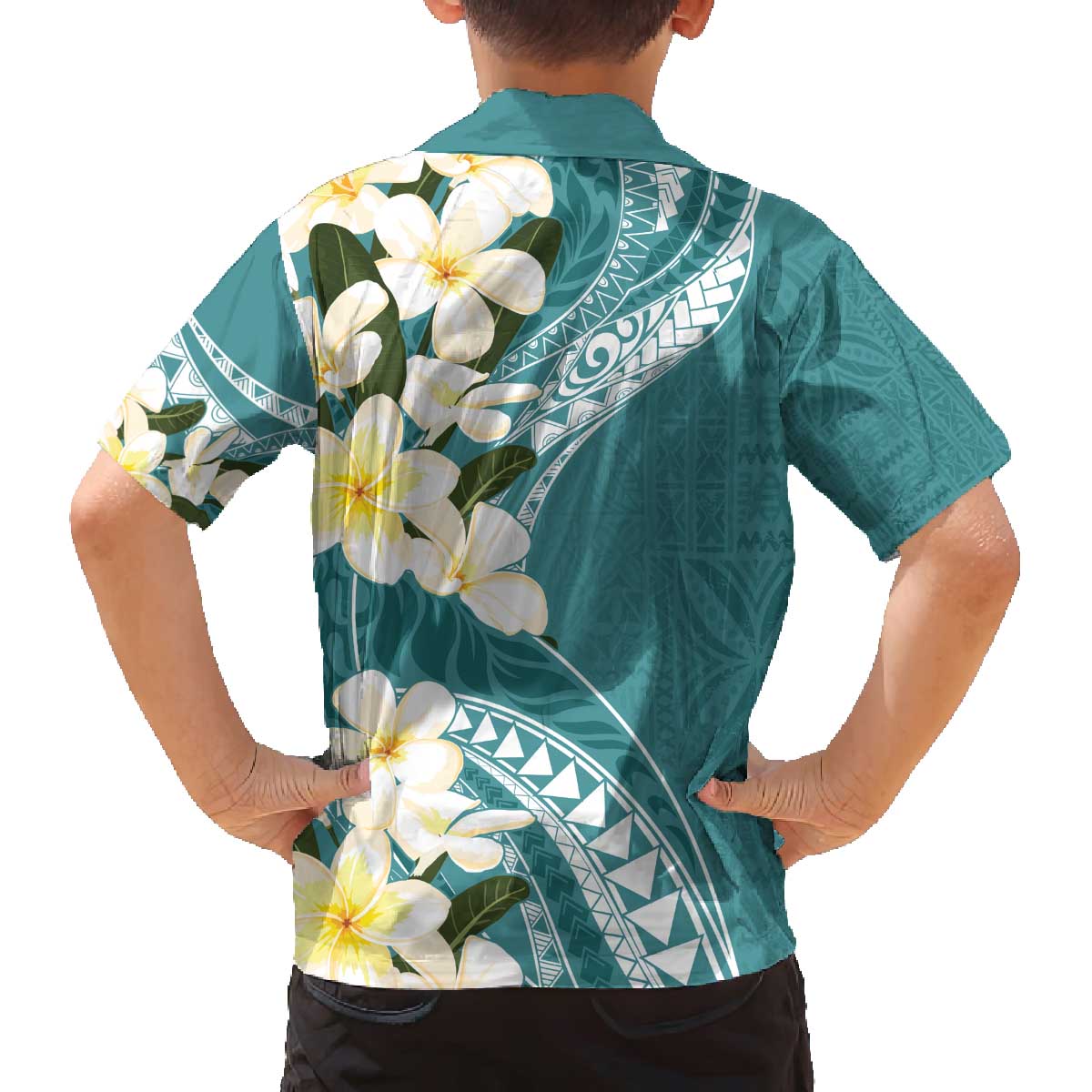 Aloha Hawaii Festive Family Matching Off Shoulder Short Dress and Hawaiian Shirt Frangipani Lace Classic - Teal LT7 - Polynesian Pride