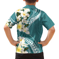 Aloha Hawaii Festive Family Matching Off Shoulder Short Dress and Hawaiian Shirt Frangipani Lace Classic - Teal LT7 - Polynesian Pride