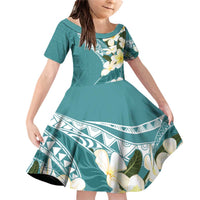 Aloha Hawaii Festive Family Matching Off Shoulder Short Dress and Hawaiian Shirt Frangipani Lace Classic - Teal LT7 Daughter's Dress Teal - Polynesian Pride