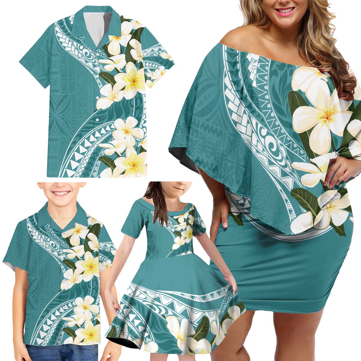 Aloha Hawaii Festive Family Matching Off Shoulder Short Dress and Hawaiian Shirt Frangipani Lace Classic - Teal LT7 - Polynesian Pride