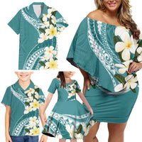 Aloha Hawaii Festive Family Matching Off Shoulder Short Dress and Hawaiian Shirt Frangipani Lace Classic - Teal LT7 - Polynesian Pride