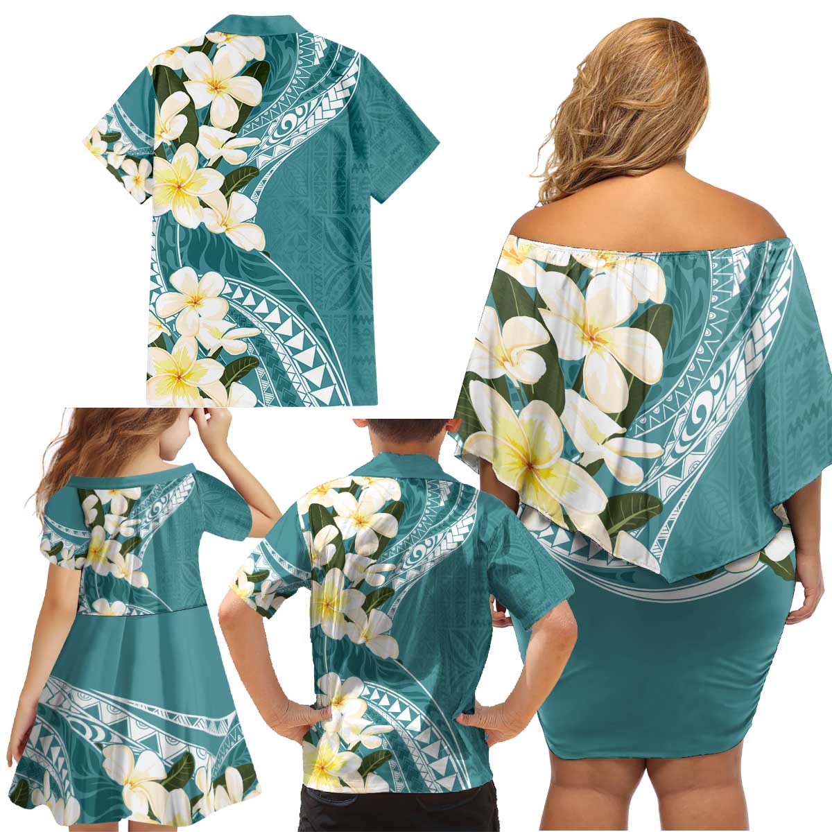 Aloha Hawaii Festive Family Matching Off Shoulder Short Dress and Hawaiian Shirt Frangipani Lace Classic - Teal LT7 - Polynesian Pride