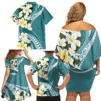 Aloha Hawaii Festive Family Matching Off Shoulder Short Dress and Hawaiian Shirt Frangipani Lace Classic - Teal LT7 - Polynesian Pride