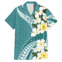 Aloha Hawaii Festive Family Matching Off Shoulder Short Dress and Hawaiian Shirt Frangipani Lace Classic - Teal LT7 Dad's Shirt - Short Sleeve Teal - Polynesian Pride