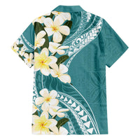 Aloha Hawaii Festive Family Matching Off Shoulder Short Dress and Hawaiian Shirt Frangipani Lace Classic - Teal LT7 - Polynesian Pride