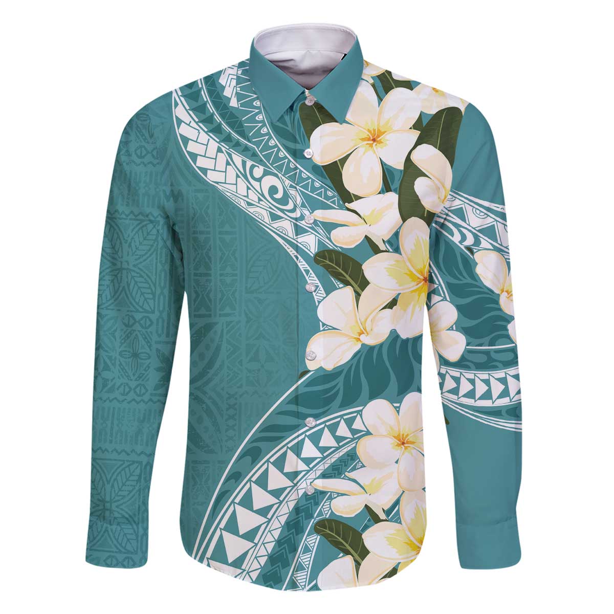 Aloha Hawaii Festive Family Matching Off Shoulder Short Dress and Hawaiian Shirt Frangipani Lace Classic - Teal LT7 Dad's Shirt - Long Sleeve Teal - Polynesian Pride