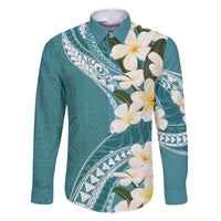 Aloha Hawaii Festive Family Matching Off Shoulder Short Dress and Hawaiian Shirt Frangipani Lace Classic - Teal LT7 Dad's Shirt - Long Sleeve Teal - Polynesian Pride