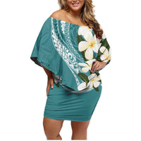 Aloha Hawaii Festive Family Matching Off Shoulder Short Dress and Hawaiian Shirt Frangipani Lace Classic - Teal LT7 Mom's Dress Teal - Polynesian Pride