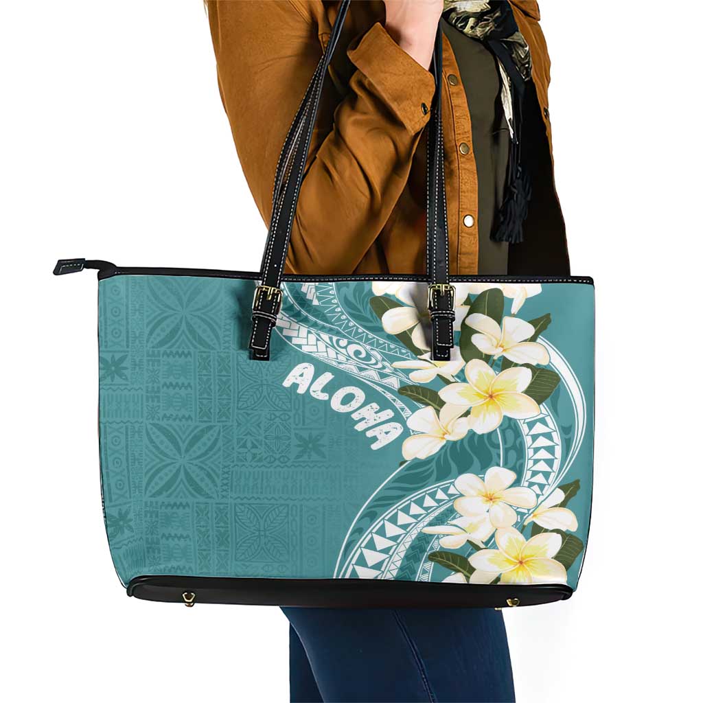 Aloha Hawaii Festive Leather Tote Bag Frangipani Lace Classic - Teal