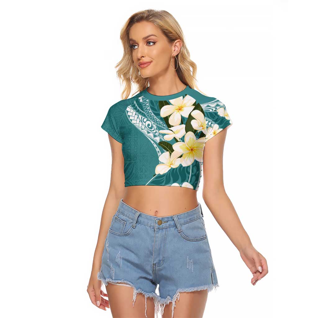 Aloha Hawaii Festive Raglan Cropped T Shirt Frangipani Lace Classic - Teal LT7 Female Teal - Polynesian Pride
