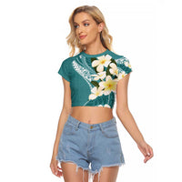 Aloha Hawaii Festive Raglan Cropped T Shirt Frangipani Lace Classic - Teal LT7 Female Teal - Polynesian Pride