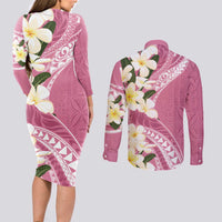Aloha Hawaii Festive Couples Matching Long Sleeve Bodycon Dress and Long Sleeve Button Shirt Frangipani Lace Classic - Rosy