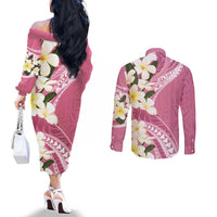 Aloha Hawaii Festive Couples Matching Off The Shoulder Long Sleeve Dress and Long Sleeve Button Shirt Frangipani Lace Classic - Rosy
