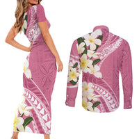 Aloha Hawaii Festive Couples Matching Short Sleeve Bodycon Dress and Long Sleeve Button Shirt Frangipani Lace Classic - Rosy