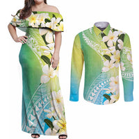 Aloha Hawaii Festive Couples Matching Off Shoulder Maxi Dress and Long Sleeve Button Shirt Frangipani Lace Classic - Summer Vibes