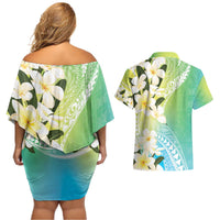 Aloha Hawaii Festive Couples Matching Off Shoulder Short Dress and Hawaiian Shirt Frangipani Lace Classic - Summer Vibes