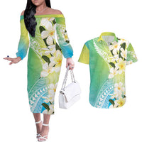 Aloha Hawaii Festive Couples Matching Off The Shoulder Long Sleeve Dress and Hawaiian Shirt Frangipani Lace Classic - Summer Vibes