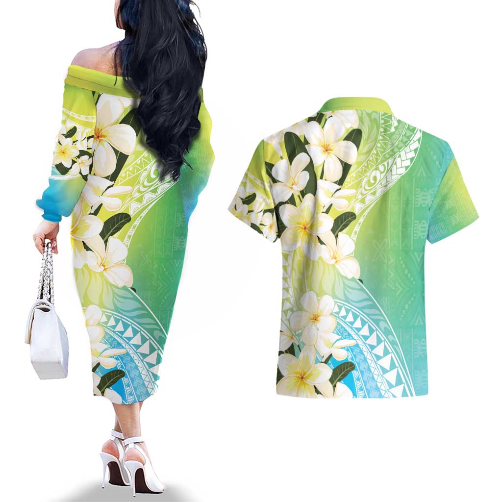 Aloha Hawaii Festive Couples Matching Off The Shoulder Long Sleeve Dress and Hawaiian Shirt Frangipani Lace Classic - Summer Vibes