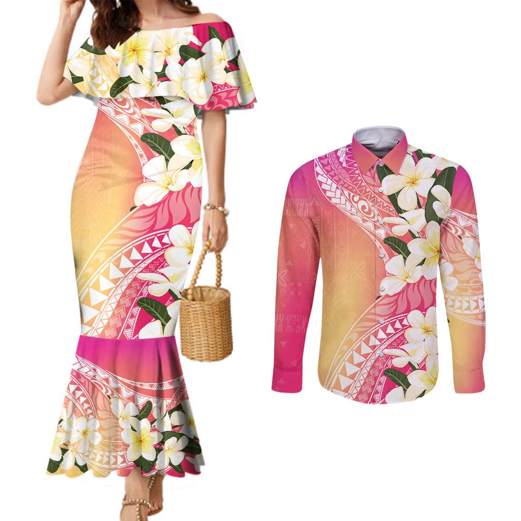 Aloha Hawaii Festive Couples Matching Mermaid Dress and Long Sleeve Button Shirt Frangipani Lace Classic - Spring Vibes LT7 Colorful - Polynesian Pride
