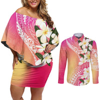 Aloha Hawaii Festive Couples Matching Off Shoulder Short Dress and Long Sleeve Button Shirt Frangipani Lace Classic - Spring Vibes