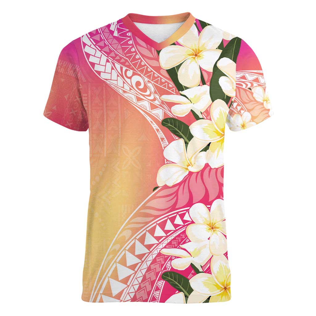 Aloha Hawaii Festive Women V-Neck T-Shirt Frangipani Lace Classic - Spring Vibes LT7 Female Colorful - Polynesian Pride