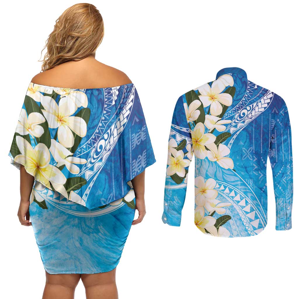 Aloha Hawaii Festive Couples Matching Off Shoulder Short Dress and Long Sleeve Button Shirt Frangipani Lace Classic - Oceanic