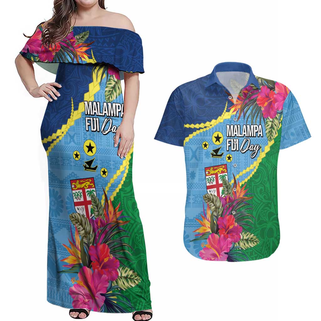 Personalized Malampa Fiji Day Together We Grow Couples Matching Off Shoulder Maxi Dress and Hawaiian Shirt Special Tapa Mix - Polynesian Pride