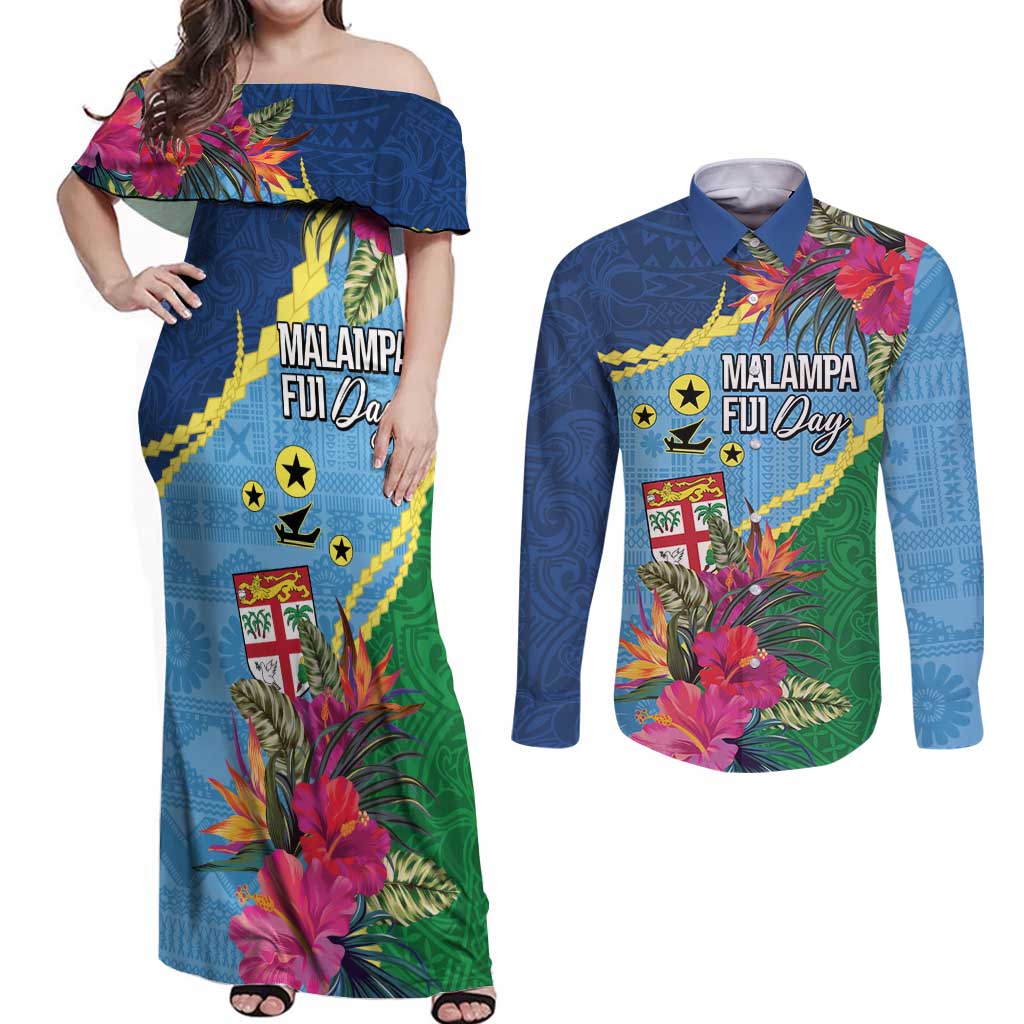 Personalized Malampa Fiji Day Together We Grow Couples Matching Off Shoulder Maxi Dress and Long Sleeve Button Shirt Special Tapa Mix - Polynesian Pride