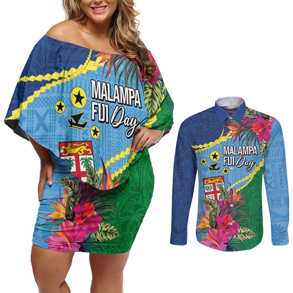 Personalized Malampa Fiji Day Together We Grow Couples Matching Off Shoulder Short Dress and Long Sleeve Button Shirt Special Tapa Mix - Polynesian Pride