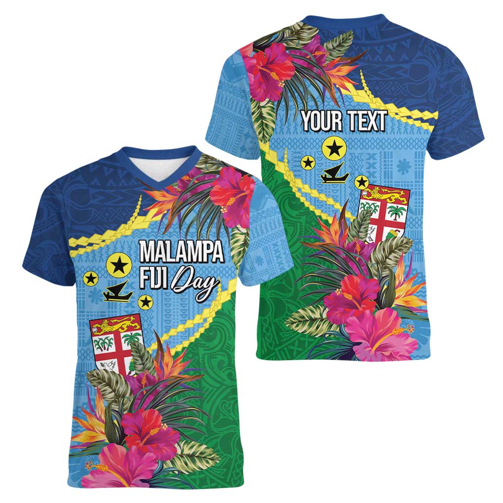 Personalized Malampa Fiji Day Together We Grow Women V-Neck T-Shirt Special Tapa Mix - Polynesian Pride