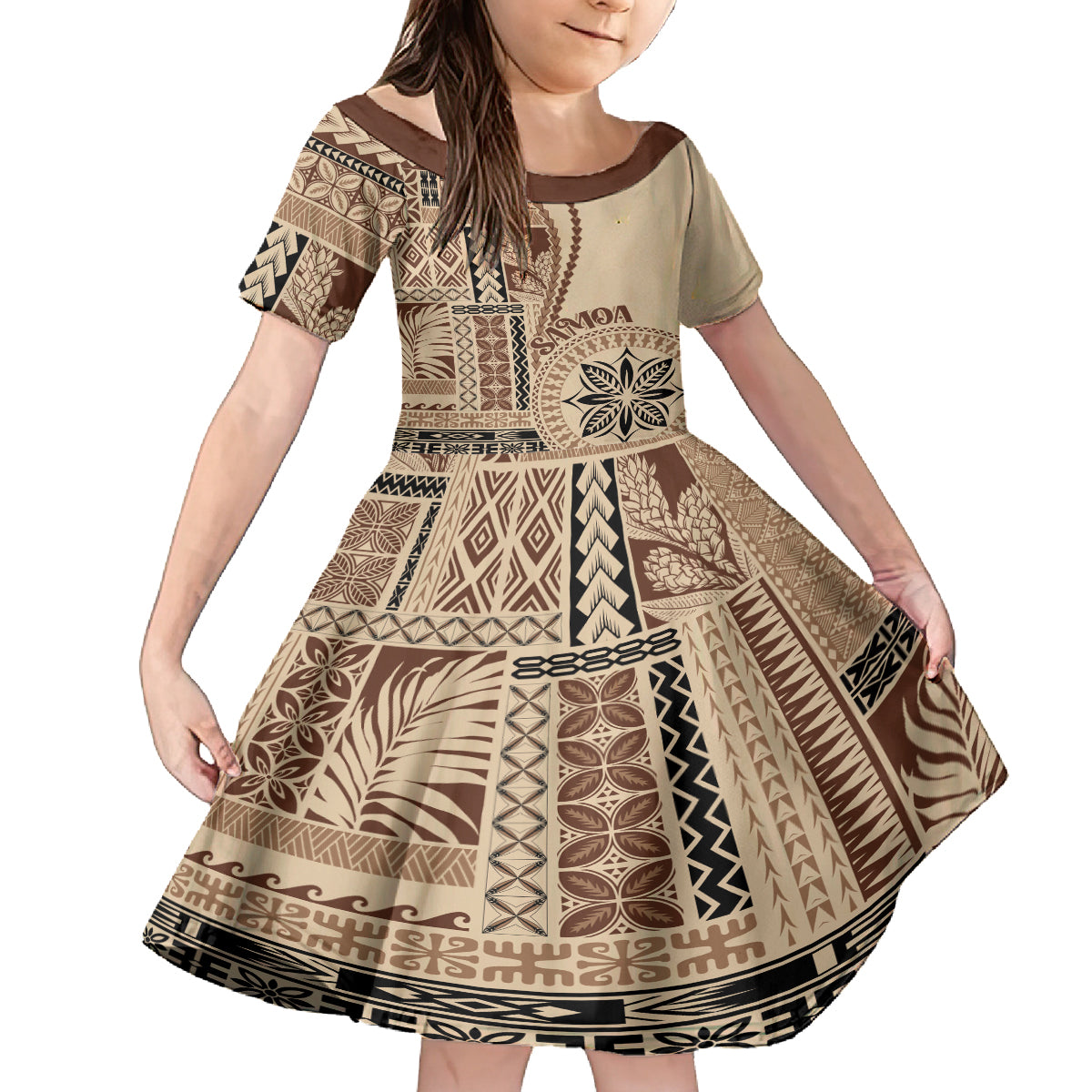 Samoa Siapo Motif Family Matching Off Shoulder Long Sleeve Dress and Hawaiian Shirt Classic Style LT7 Daughter's Dress Beige - Polynesian Pride