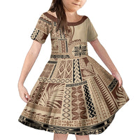 Samoa Siapo Motif Family Matching Off Shoulder Long Sleeve Dress and Hawaiian Shirt Classic Style LT7 Daughter's Dress Beige - Polynesian Pride