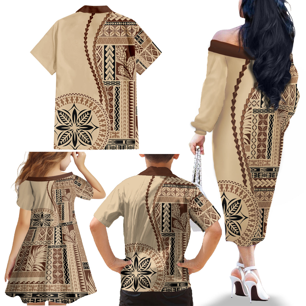 Samoa Siapo Motif Family Matching Off Shoulder Long Sleeve Dress and Hawaiian Shirt Classic Style LT7 - Polynesian Pride