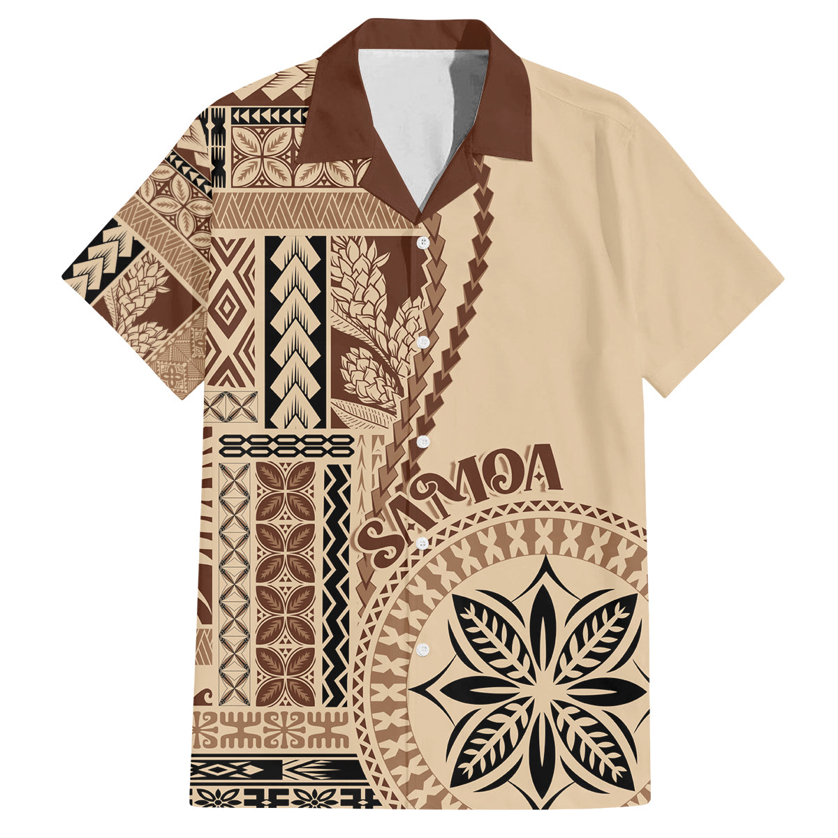 Samoa Siapo Motif Family Matching Off Shoulder Long Sleeve Dress and Hawaiian Shirt Classic Style LT7 Dad's Shirt - Short Sleeve Beige - Polynesian Pride