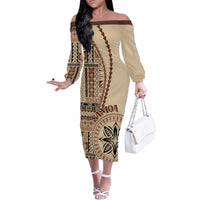 Samoa Siapo Motif Family Matching Off Shoulder Long Sleeve Dress and Hawaiian Shirt Classic Style LT7 Mom's Dress Beige - Polynesian Pride