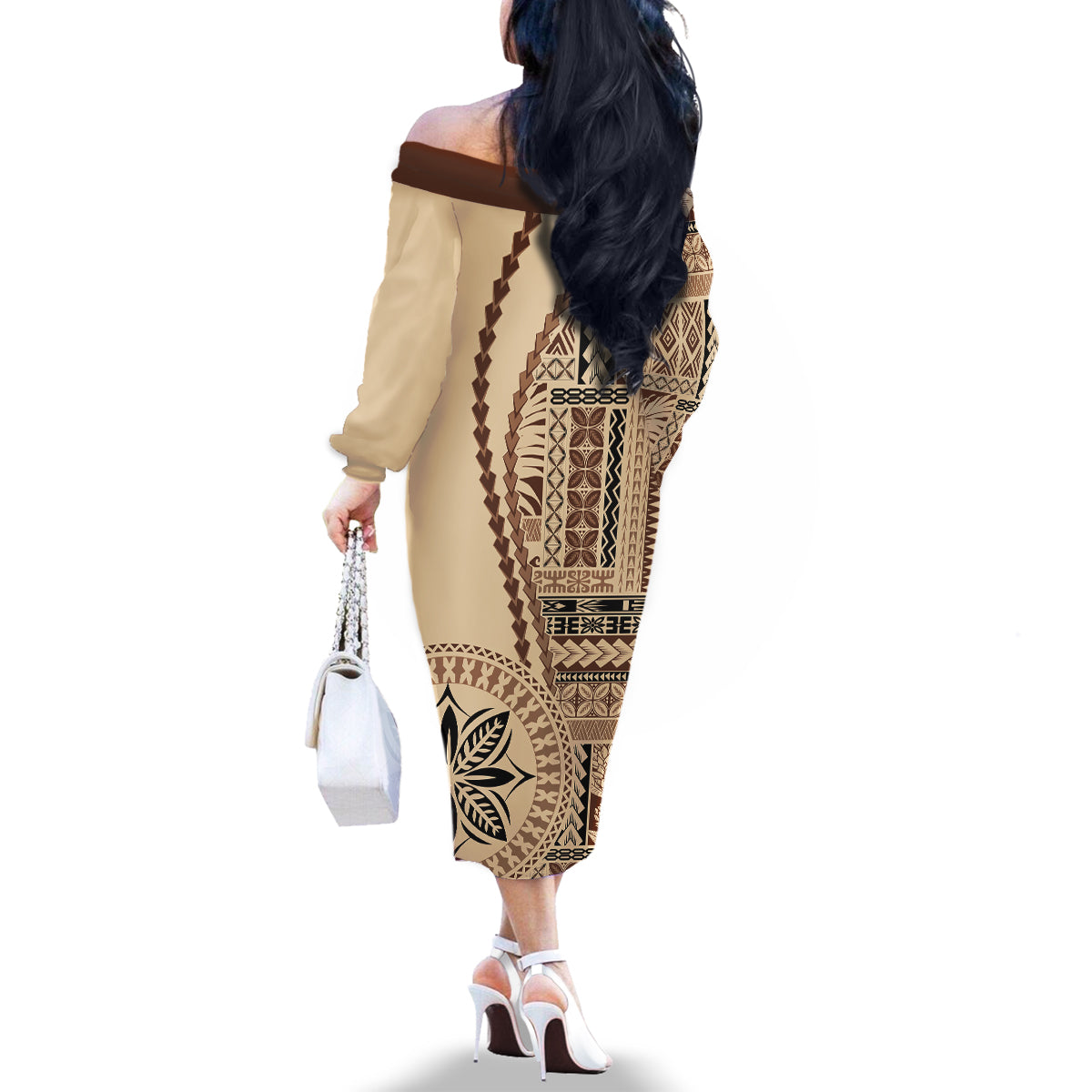 Samoa Siapo Motif Family Matching Off Shoulder Long Sleeve Dress and Hawaiian Shirt Classic Style LT7 - Polynesian Pride
