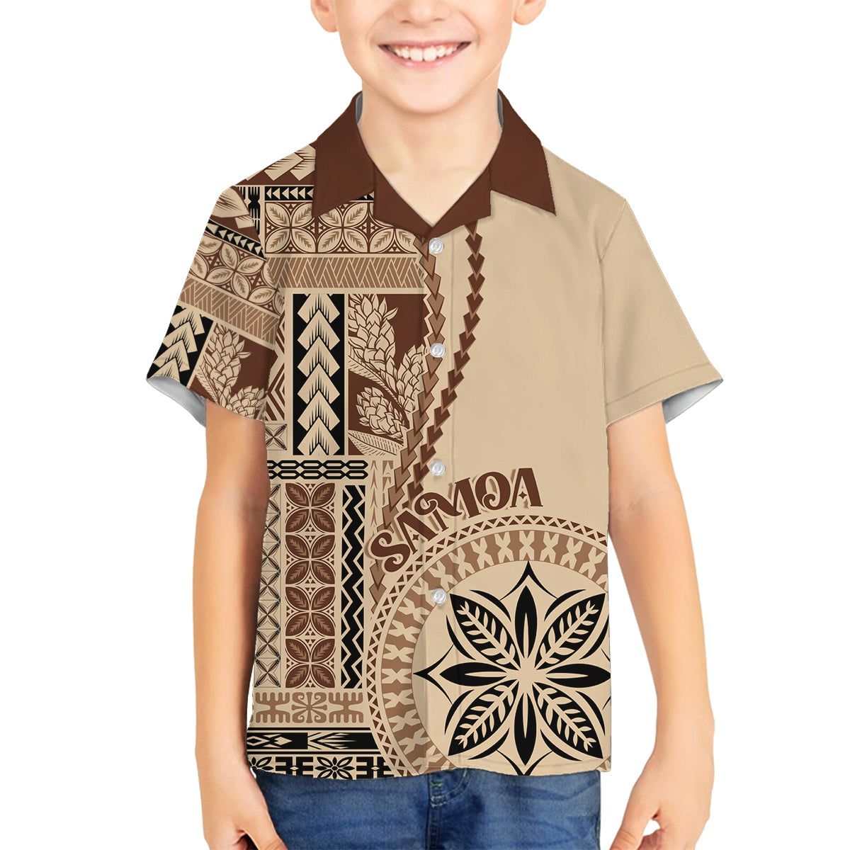 Samoa Siapo Motif Family Matching Off Shoulder Long Sleeve Dress and Hawaiian Shirt Classic Style LT7 Son's Shirt Beige - Polynesian Pride