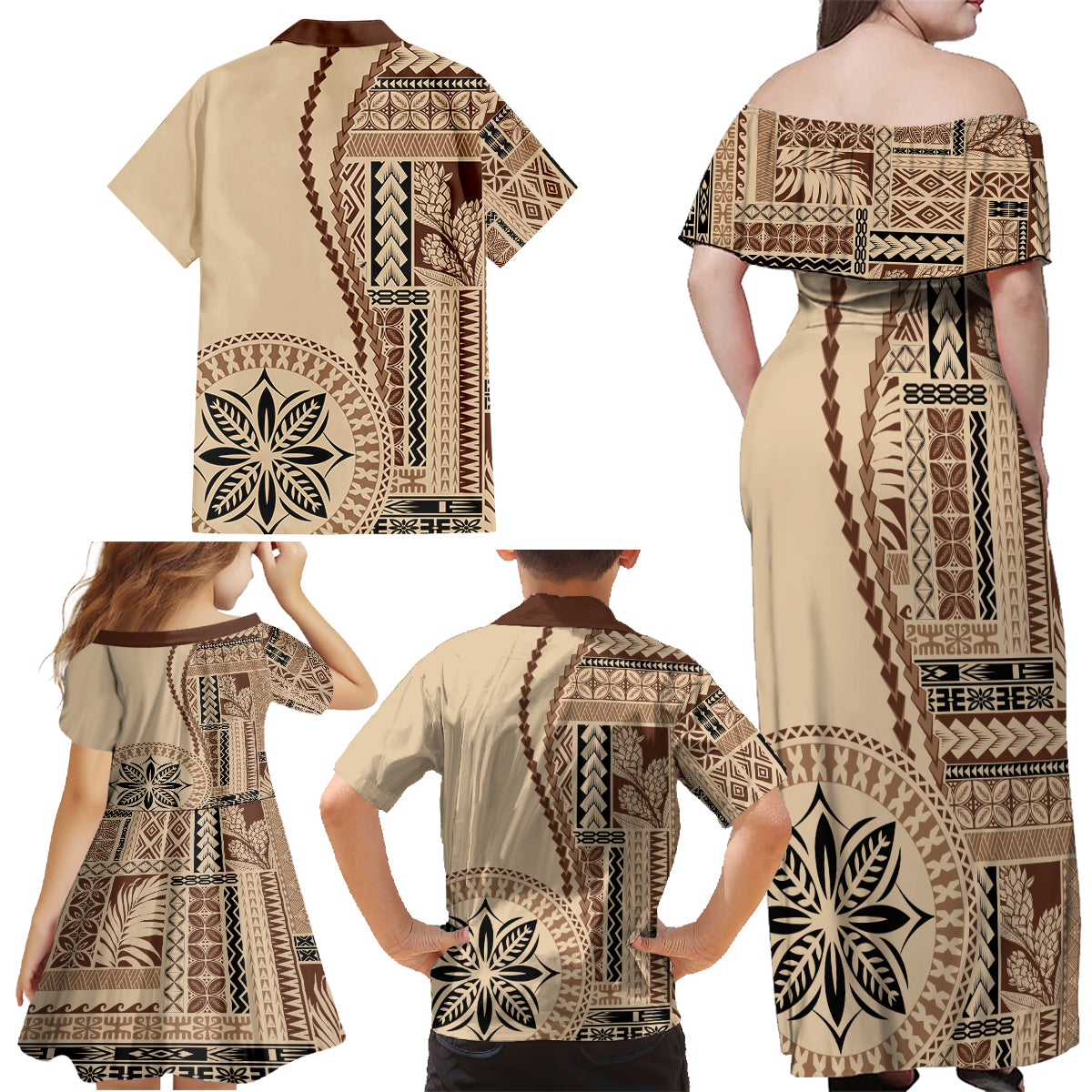 Samoa Siapo Motif Family Matching Off Shoulder Maxi Dress and Hawaiian Shirt Classic Style LT7 - Polynesian Pride