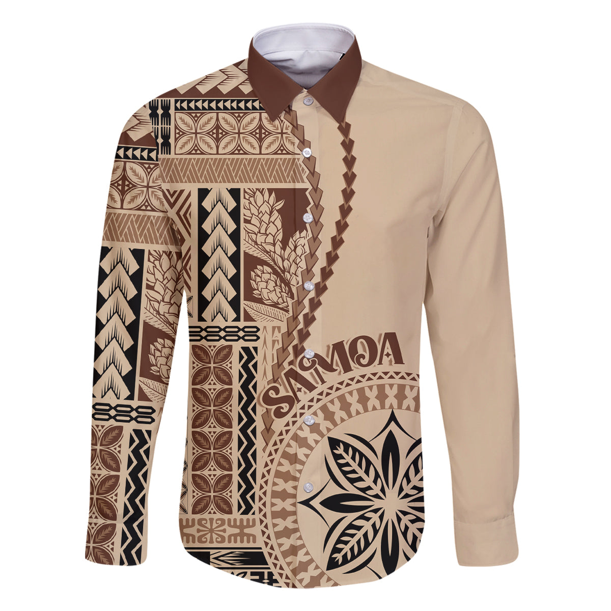 Samoa Siapo Motif Family Matching Off Shoulder Maxi Dress and Hawaiian Shirt Classic Style LT7 Dad's Shirt - Long Sleeve Beige - Polynesian Pride