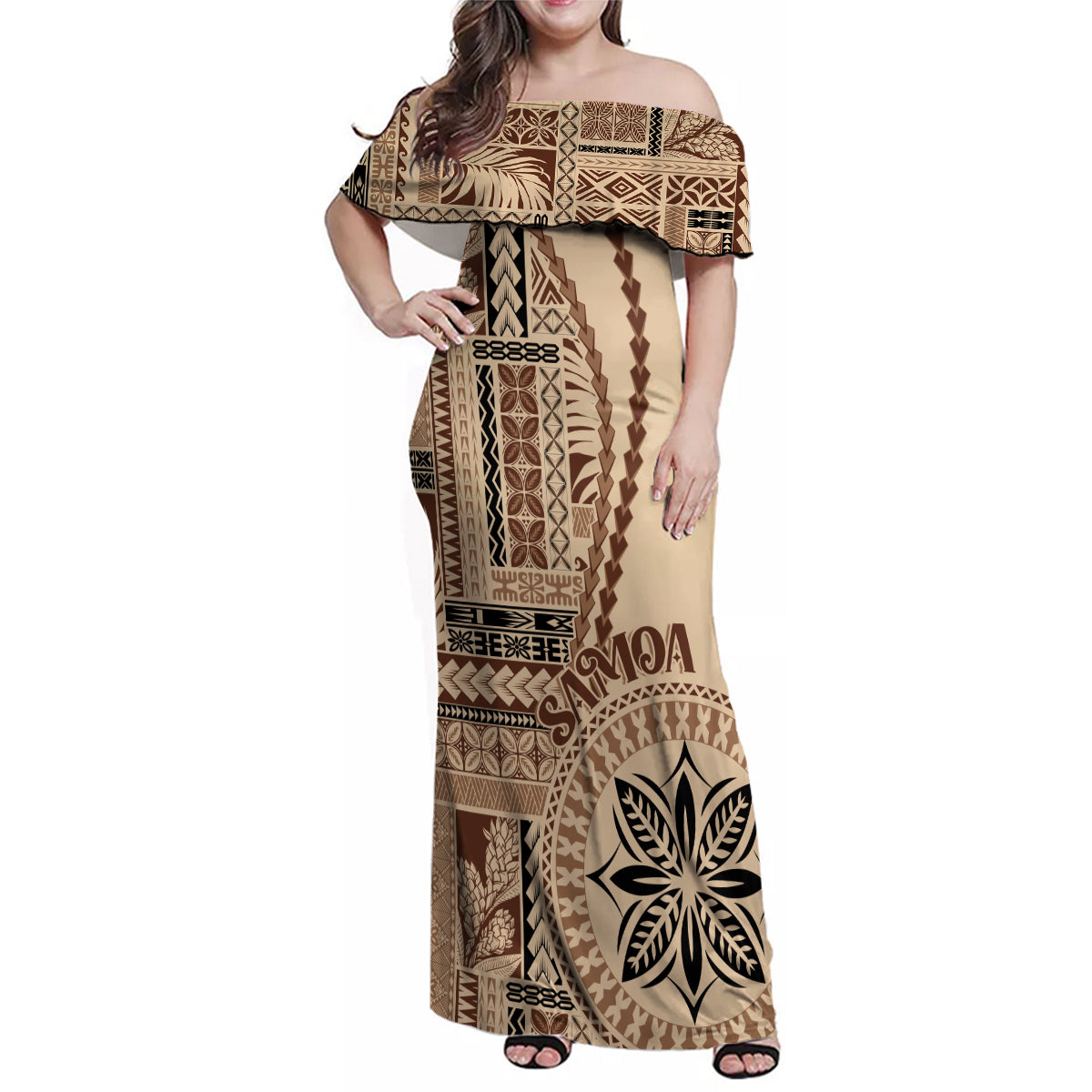 Samoa Siapo Motif Family Matching Off Shoulder Maxi Dress and Hawaiian Shirt Classic Style LT7 Mom's Dress Beige - Polynesian Pride