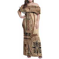 Samoa Siapo Motif Family Matching Off Shoulder Maxi Dress and Hawaiian Shirt Classic Style LT7 Mom's Dress Beige - Polynesian Pride
