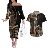 Samoa Siapo Motif Couples Matching Off The Shoulder Long Sleeve Dress and Hawaiian Shirt Classic Style - Black Ver LT7 Black - Polynesian Pride