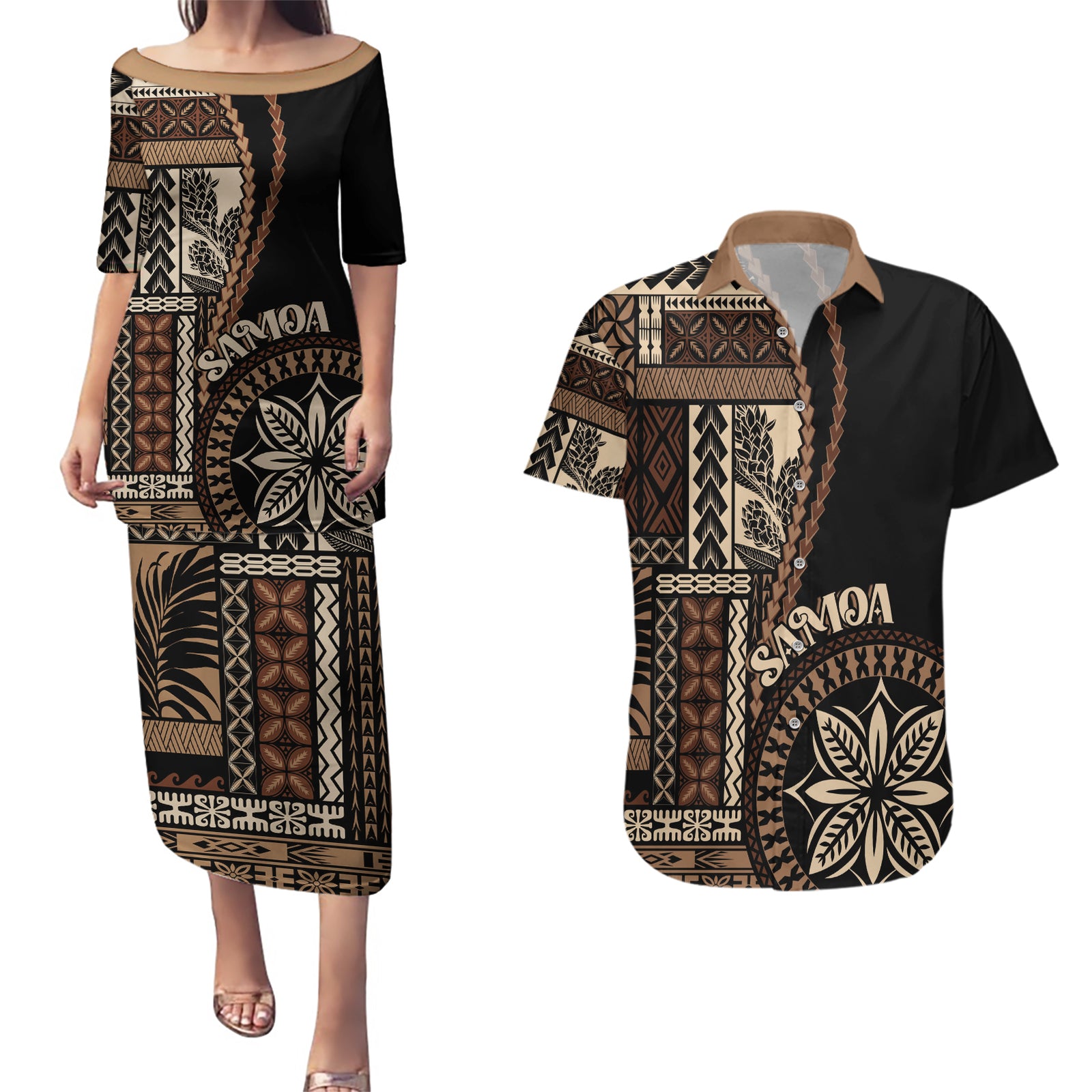 Samoa Siapo Motif Couples Matching Puletasi Dress and Hawaiian Shirt Classic Style - Black Ver LT7 Black - Polynesian Pride