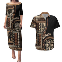 Samoa Siapo Motif Couples Matching Puletasi Dress and Hawaiian Shirt Classic Style - Black Ver LT7 Black - Polynesian Pride