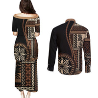 Samoa Siapo Motif Couples Matching Puletasi Dress and Long Sleeve Button Shirt Classic Style - Black Ver LT7 - Polynesian Pride