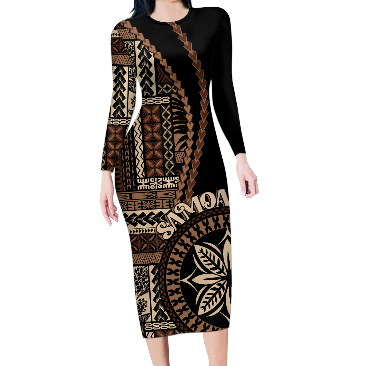 Samoa Siapo Motif Family Matching Long Sleeve Bodycon Dress and Hawaiian Shirt Classic Style - Black Ver LT7 Mom's Dress Black - Polynesian Pride