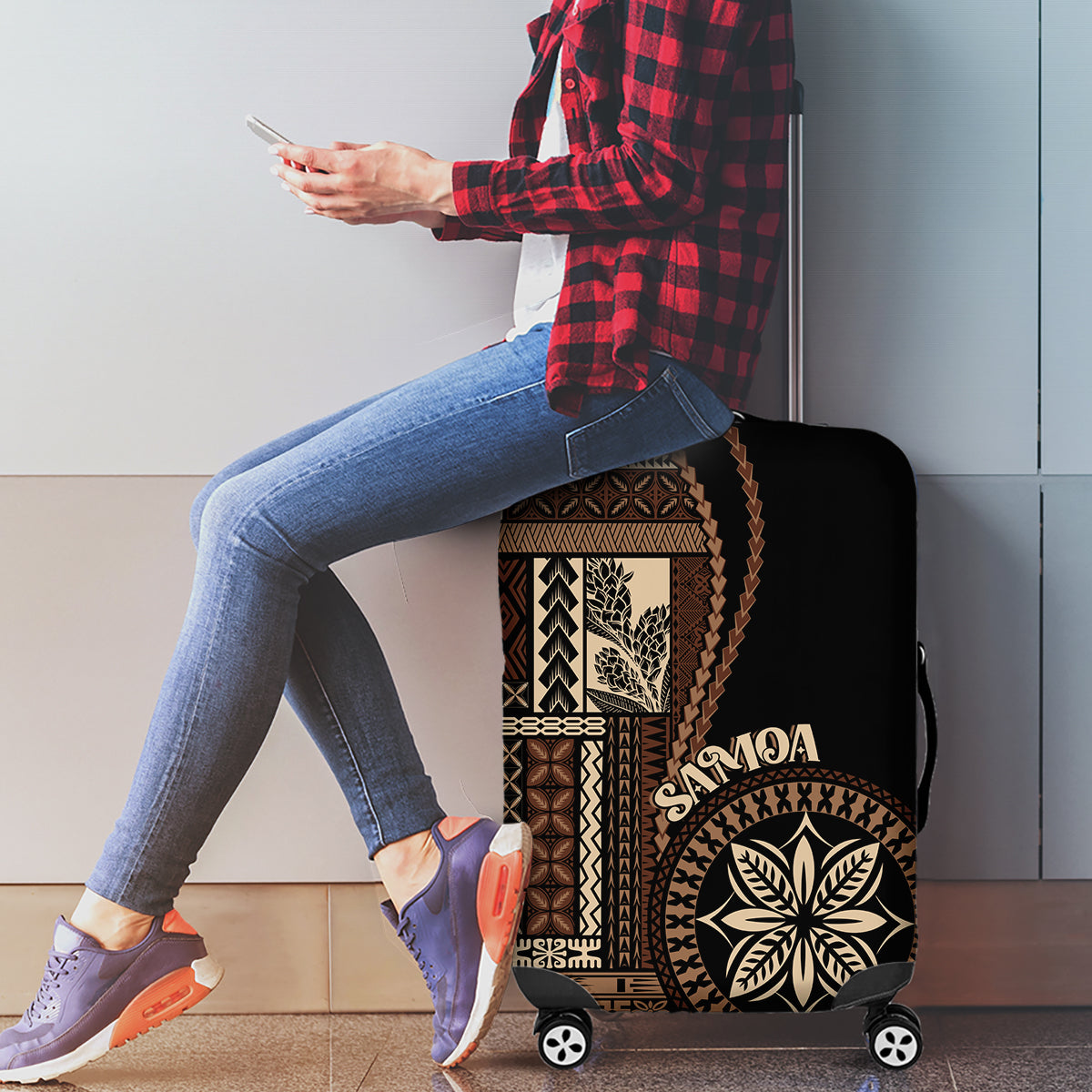 Samoa Siapo Motif Luggage Cover Classic Style - Black Ver LT7 - Polynesian Pride